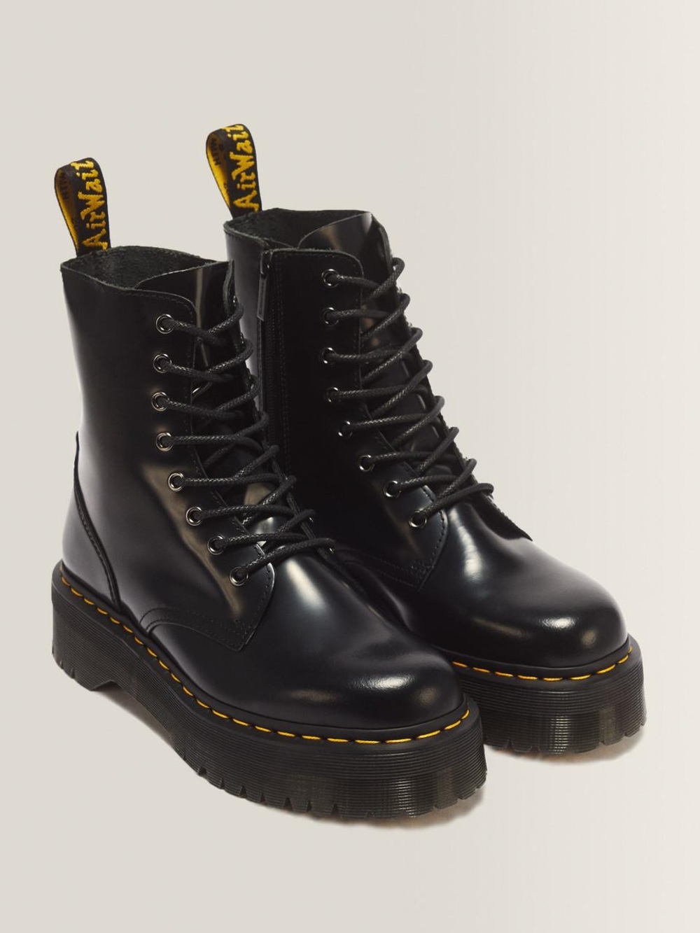 Dr. Martens Black Leather Lace-Up Platform Boots with Yellow Stitching